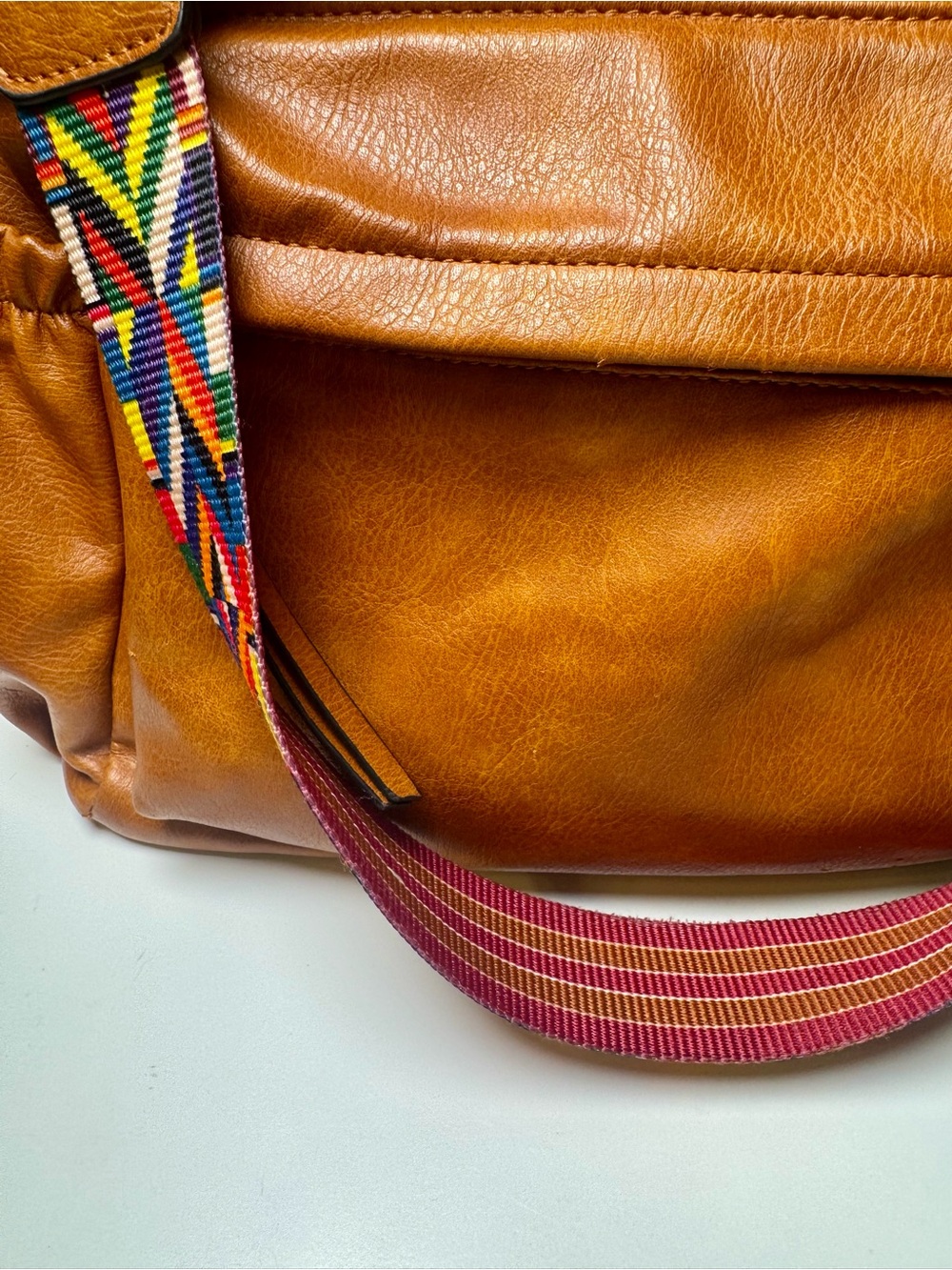Convertible Vegan Leather Backpack Tote in Cognac with Woven Guitar Strap - Picture 4 of 9